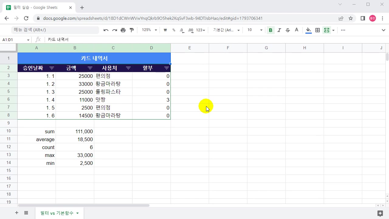 [HD]구글 스프레드시트, 앱스스크립트 입문, 활용 Part.3 Google Spreadsheet (핵심 중의 핵심-필터) 교육과정 사진